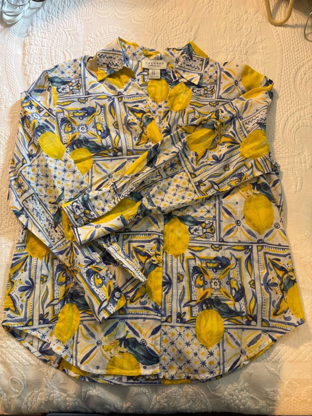 Calypso St. Barth Yellow and Blue Lemon Tile-Print Button-Down Shirt
